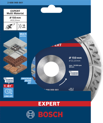 Bosch EXPERT MultiMaterial teemantlõikeketas 150×22,23×2,4×12 mm.