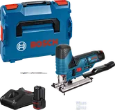 Bosch GST 12V-70 akuga tikksaag koos aku, laadija ja kohvriga.