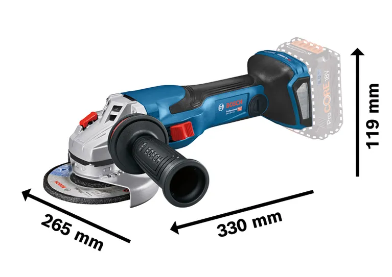 Bosch GWS 18V-15 C akuga nurklihvija koos mõõtmetega.