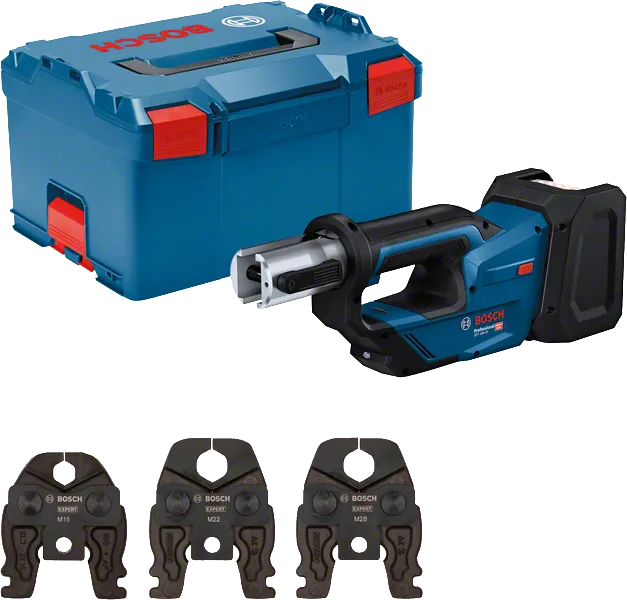 Bosch 18V-19 presstööriistade komplekt koos kandekotiga ja lõugadega.