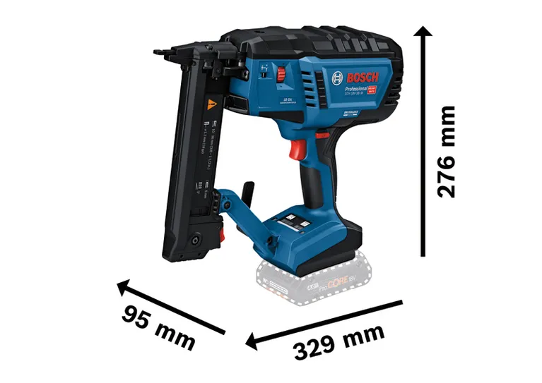 Bosch GTH 18V-38 M akuga kitsa krooniga klammerdaja mõõtmetega.