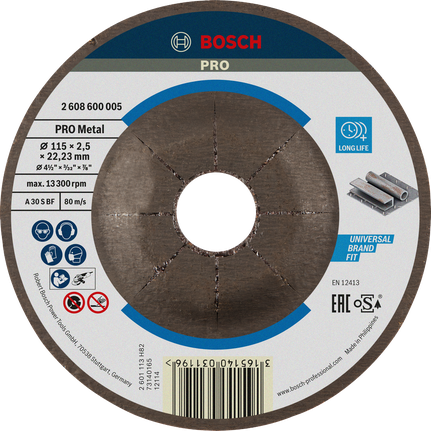 Bosch PRO metalliga liimitud lõikeketas 115 mm, pikk eluiga.