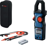 Bosch digitaalse klambriga mõõteseade komplekt koos juhtmete, karbi ja AA-patareidega.