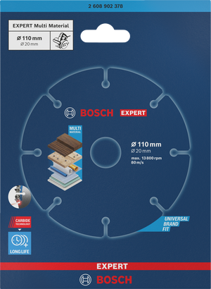 Bosch EXPERT Multi Material 110×20 mm kõvasulamlõikeketaste pakend.