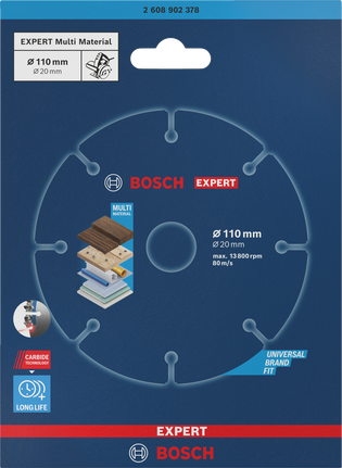 Bosch EXPERT Multi Material 110×20 mm kõvasulamlõikeketaste pakend.