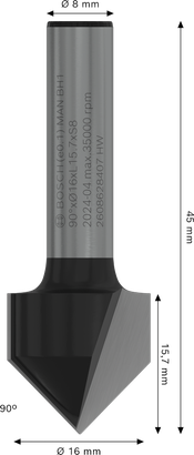 Bosch PRO V-soonega 90° freesitera, läbimõõt 16 mm.