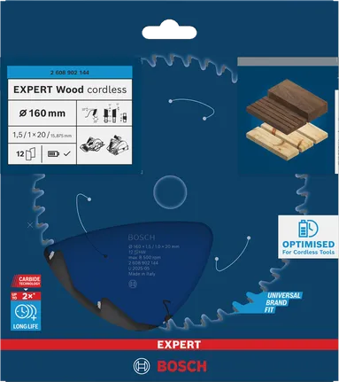 Bosch EXPERT Wood akutoitel töötav 160 mm ringsae tera T12.