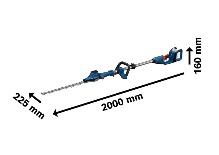 Bosch GHE18V-50FP akuga hekilõikur mõõtmetega.