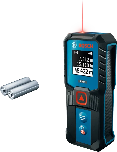 Bosch GLM 50-21 laserkaugusmõõtja ekraani ja patareidega.