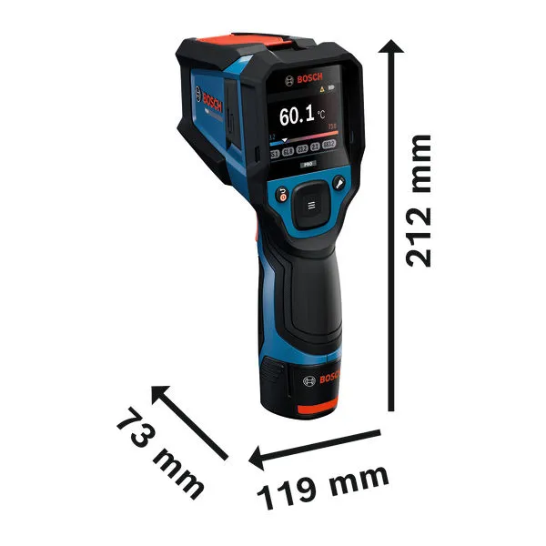 Bosch GIS12V-800-16 termodetektor koos ekraani ja mõõtmetega.