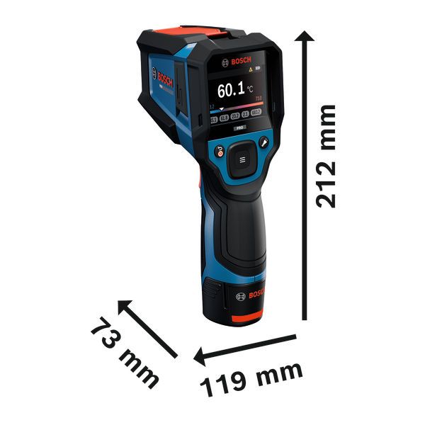 Bosch GIS12V-800-16 termodetektor koos ekraani ja mõõtmetega.