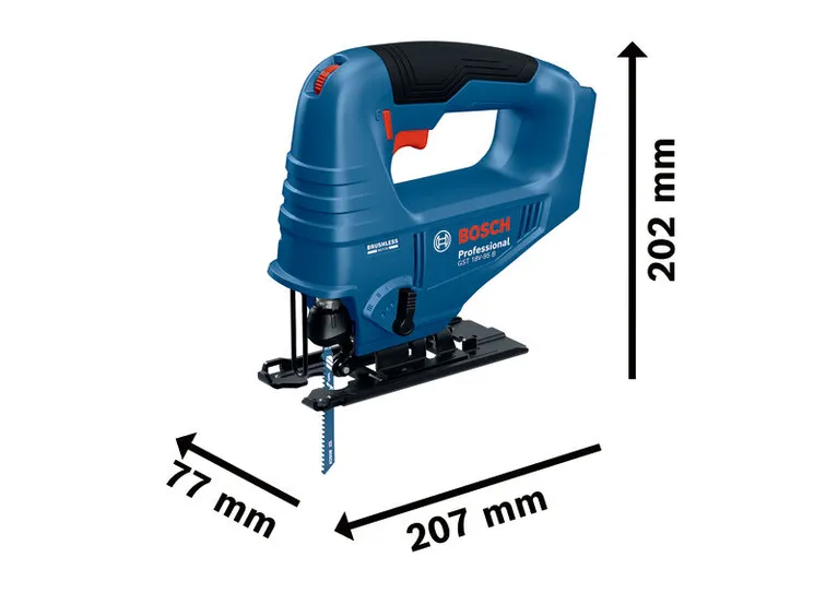 Bosch GST 18V-95 B akuga tikksaag koos mõõtmetega.