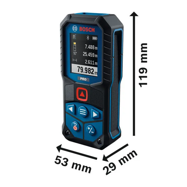 Bosch GLM80-35C laserkaugusmõõtja, mõõtmed 119x53x29 mm.