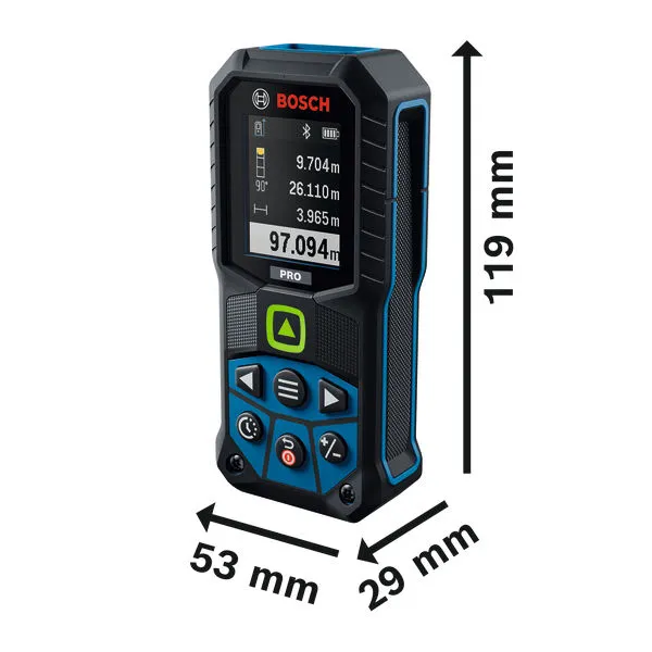 Bosch GLM100-36CG laserkaugusmõõtja koos mõõtmetega.