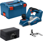 Bosch GHO18V-20 akuhöövel koos kohvri ja tarvikutega.