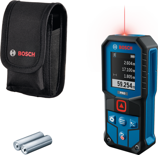 Bosch GLM60-31 laserkaugusmõõtja koos kohvri ja patareidega.