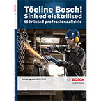 Töötaja sinise Bosch tööriistaga, töökeskkond, metallist konstruktsioonid, ohutusvarustus.