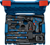 مجموعة Bosch GSR 12V-15 الاحترافية مع الأدوات اليدوية.