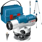 مستوى بصري Bosch GOL 32 D مع حامل ثلاثي القوائم وموظفين.