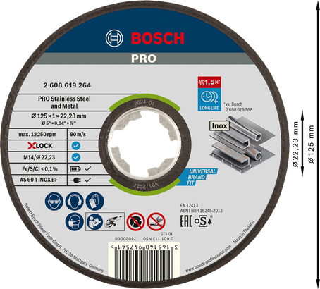 قرص القطع Bosch PRO المصنوع من الفولاذ المقاوم للصدأ مقاس 125 × 1 مم X-Lock.