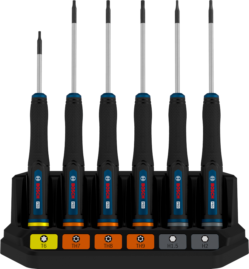 مجموعة مفكات براغي دقيقة من Bosch برو TX/TH/H، 6 قطع بمقابض مرمزة بالألوان.