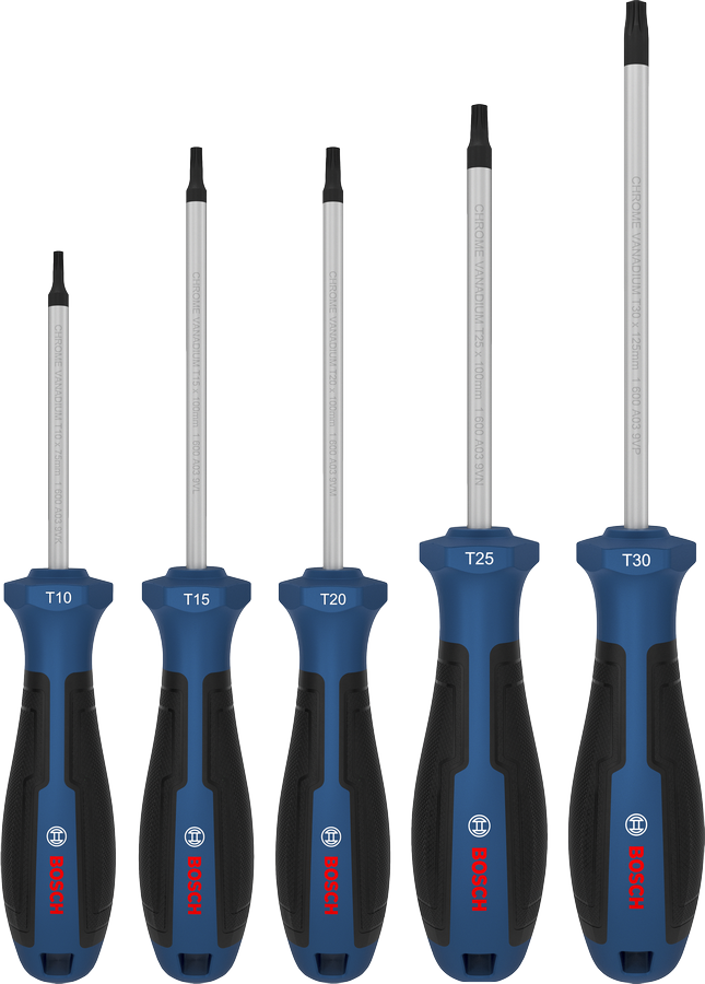 طقم مفكات براغي Bosch TX مكون من 5 قطع بسيقان من الكروم والفاناديوم.