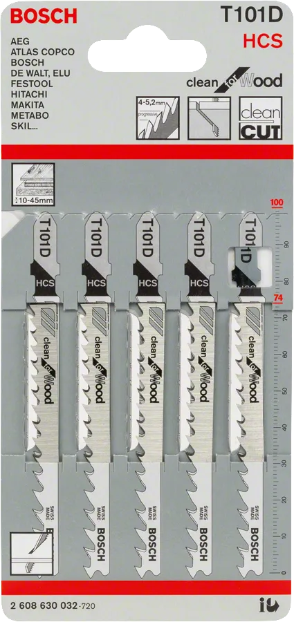 Bosch jigsaw blade set T 101 D for clean wood cutting.