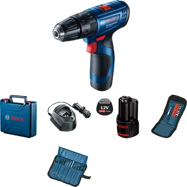 Bosch GSB 120-LI cordless drill set with accessories.