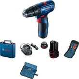 Bosch GSB 120-LI cordless drill set with accessories.