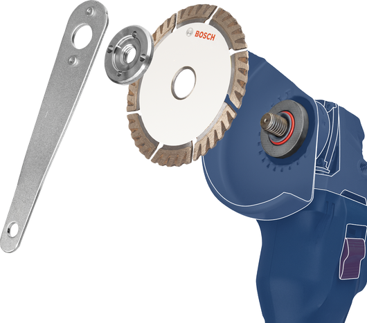 Diamond cutting disc with wrench and flange shown next to an angle grinder.