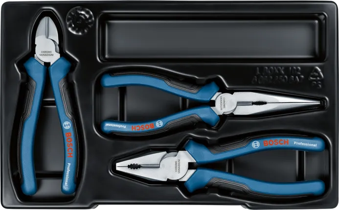Bosch 3-piece plier set in plastic tray.
