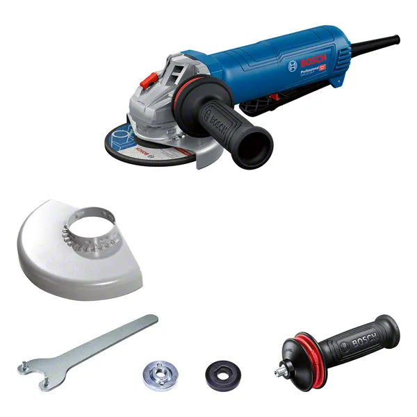 Bosch GWS 12-125 P angle grinder with accessories.