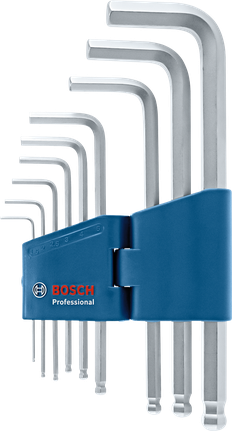 Set of L-shaped hex keys in a blue holder.