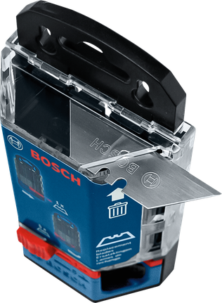 Metal blade dispenser with a visible replacement blade extending outward.