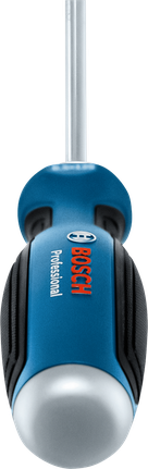 Blue and black screwdriver with ergonomic handle.