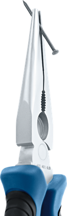 Long-nose pliers gripping a nail.