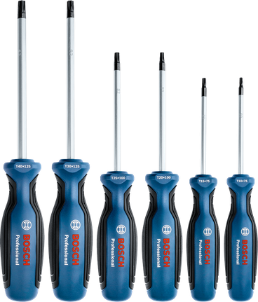 Six blue and black screwdrivers arranged upright in a row.