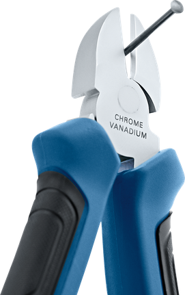 Wire cutter with blue handles snipping a metal nail.