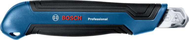 Retractable utility knife with a blue and black handle.