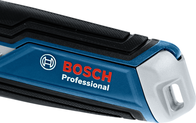 Blue and black power tool handle with textured grip and branding.