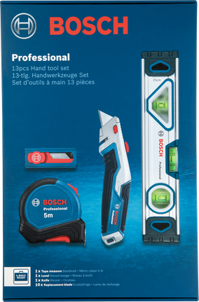 Tape measure, utility knife, level, and replacement blades displayed on blue background.