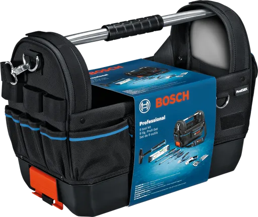 Black tool bag with multiple pockets and a sturdy handle, packaging displays included tools.