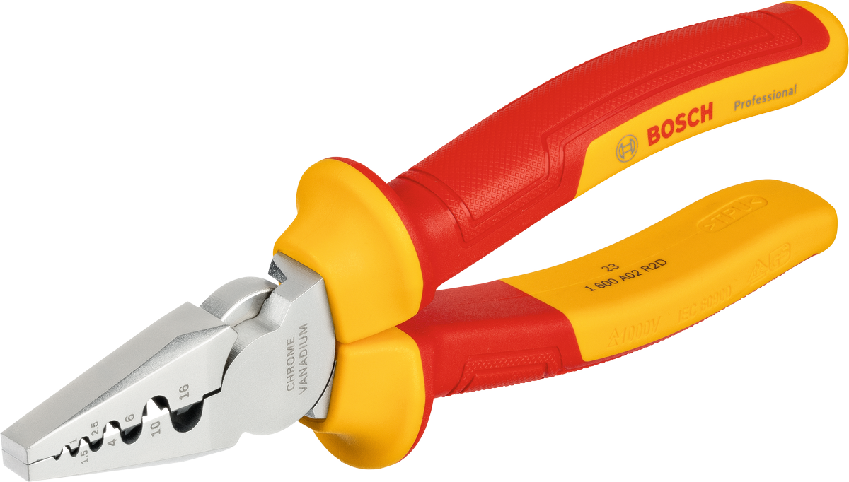 Bosch VDE crimping pliers 180 mm with insulated handles.