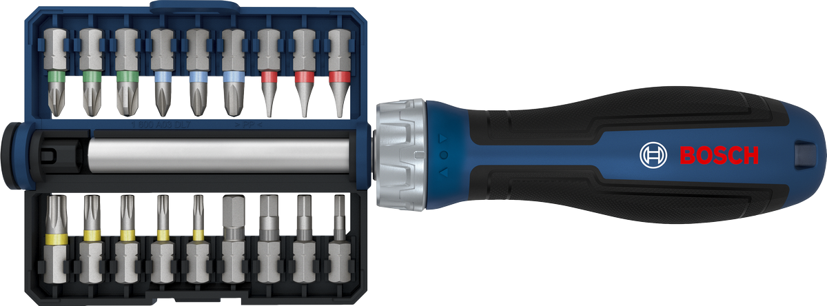 Bosch bit ratchet screwdriver set with 18 interchangeable bits.