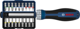 Bosch bit ratchet screwdriver set with 18 interchangeable bits.