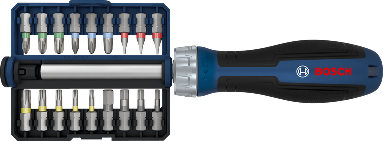 Bosch bit ratchet screwdriver set with 18 interchangeable bits.