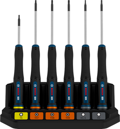 Bosch PRO Precision Screwdriver Set TX/TH/H, 6 pcs with color-coded handles.