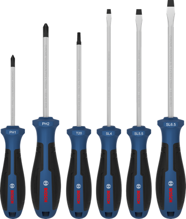 Bosch 6-piece screwdriver set with color-coded handles.