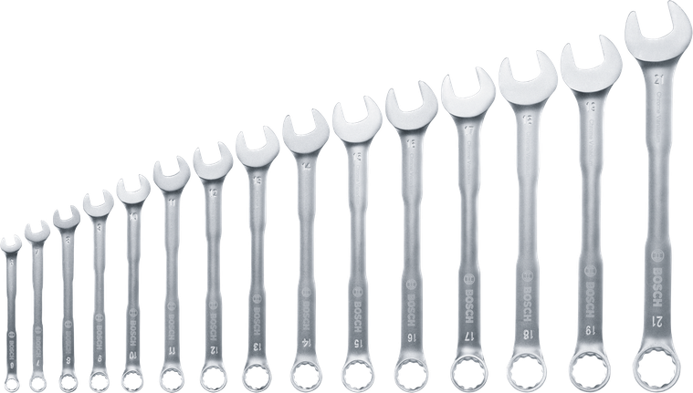 Bosch combination wrench set 6-21 mm, 15 pieces.