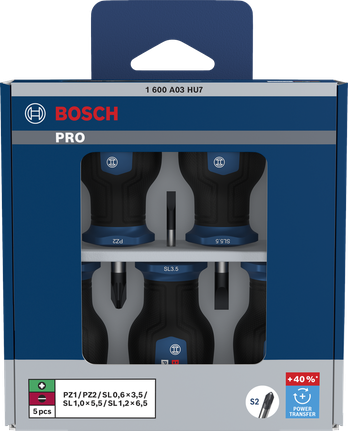Bosch PRO Stubby Screwdriver Set 5 pcs with S2 shafts.